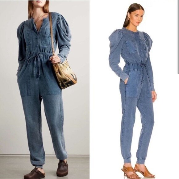 Ulla Johnson Indigo Acid Blue Sadie Puff-Sleeve 6-pocket Banded Cuffs Jumpsuit S - Picture 9 of 13